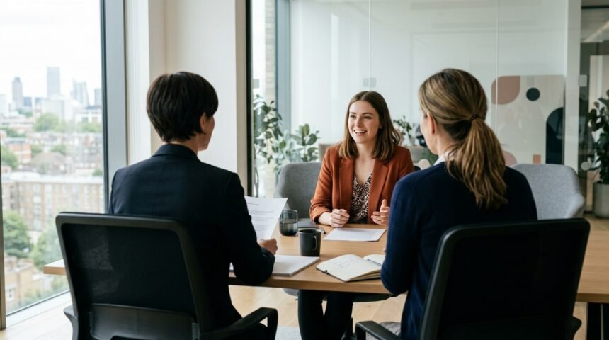 Bewerbungsgespräch: Bewerberin und zwei Personen im Gespräch am Besprechungstisch