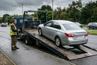 PKW Überführung: Auto wird auf einen Autotransporter verladen