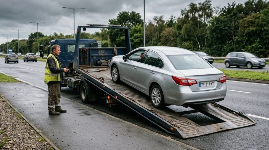 PKW Überführung: Auto wird auf einen Autotransporter verladen