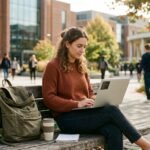 Studienplatz finden: Studentin recherchiert Studiengänge am Laptop auf dem Campus