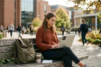 Studienplatz finden: Studentin recherchiert Studiengänge am Laptop auf dem Campus