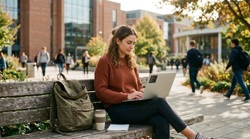 Studienplatz finden: Studentin recherchiert Studiengänge am Laptop auf dem Campus