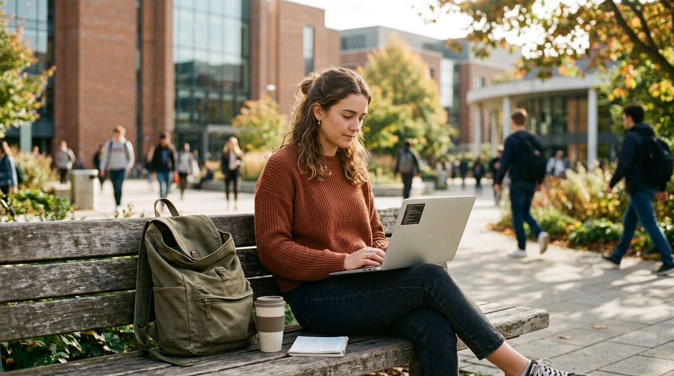 Studienplatz finden: Studentin recherchiert Studiengänge am Laptop auf dem Campus