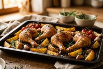 Hähnchenschenkel im Backofen: knusprig gebackene Keulen auf einem Backblech