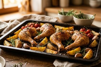 Hähnchenschenkel im Backofen: knusprig gebackene Keulen auf einem Backblech