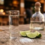 Wie trinkt man Tequila: Glas Tequila mit Limettenspalten und Salz auf einem Holztisch