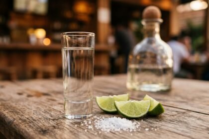 Wie trinkt man Tequila: Glas Tequila mit Limettenspalten und Salz auf einem Holztisch