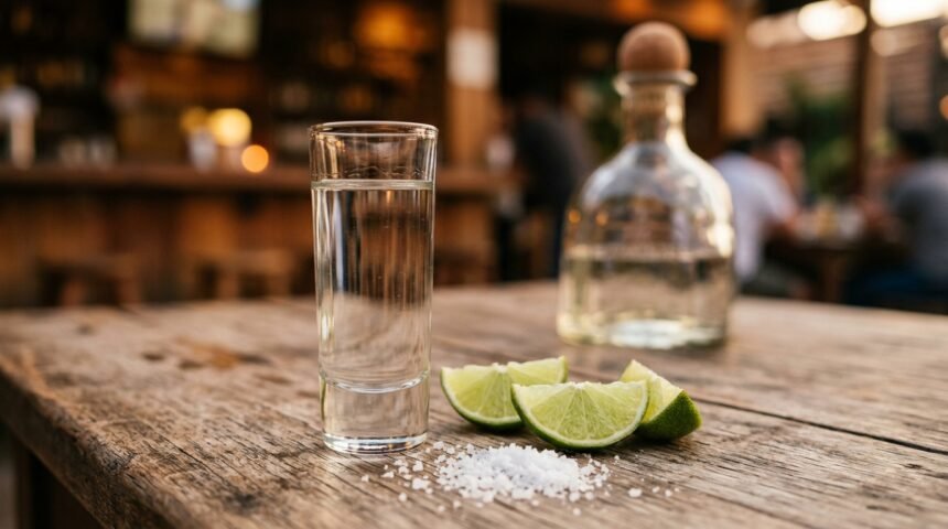 Wie trinkt man Tequila: Glas Tequila mit Limettenspalten und Salz auf einem Holztisch