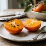 Wie isst man eine Kaki: aufgeschnittene orangefarbene Kaki-Frucht auf einem Teller