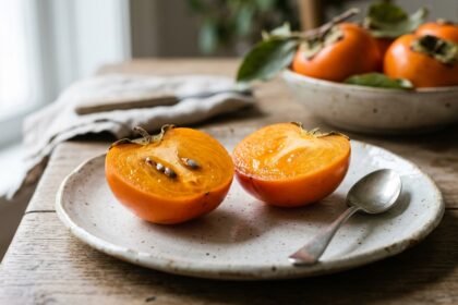 Wie isst man eine Kaki: aufgeschnittene orangefarbene Kaki-Frucht auf einem Teller