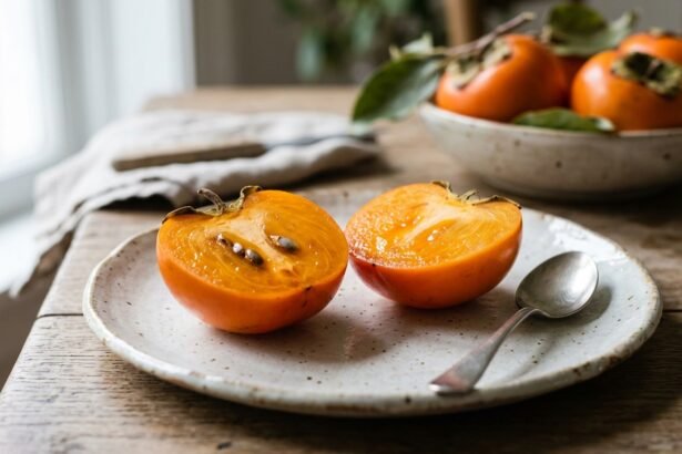 Wie isst man eine Kaki: aufgeschnittene orangefarbene Kaki-Frucht auf einem Teller