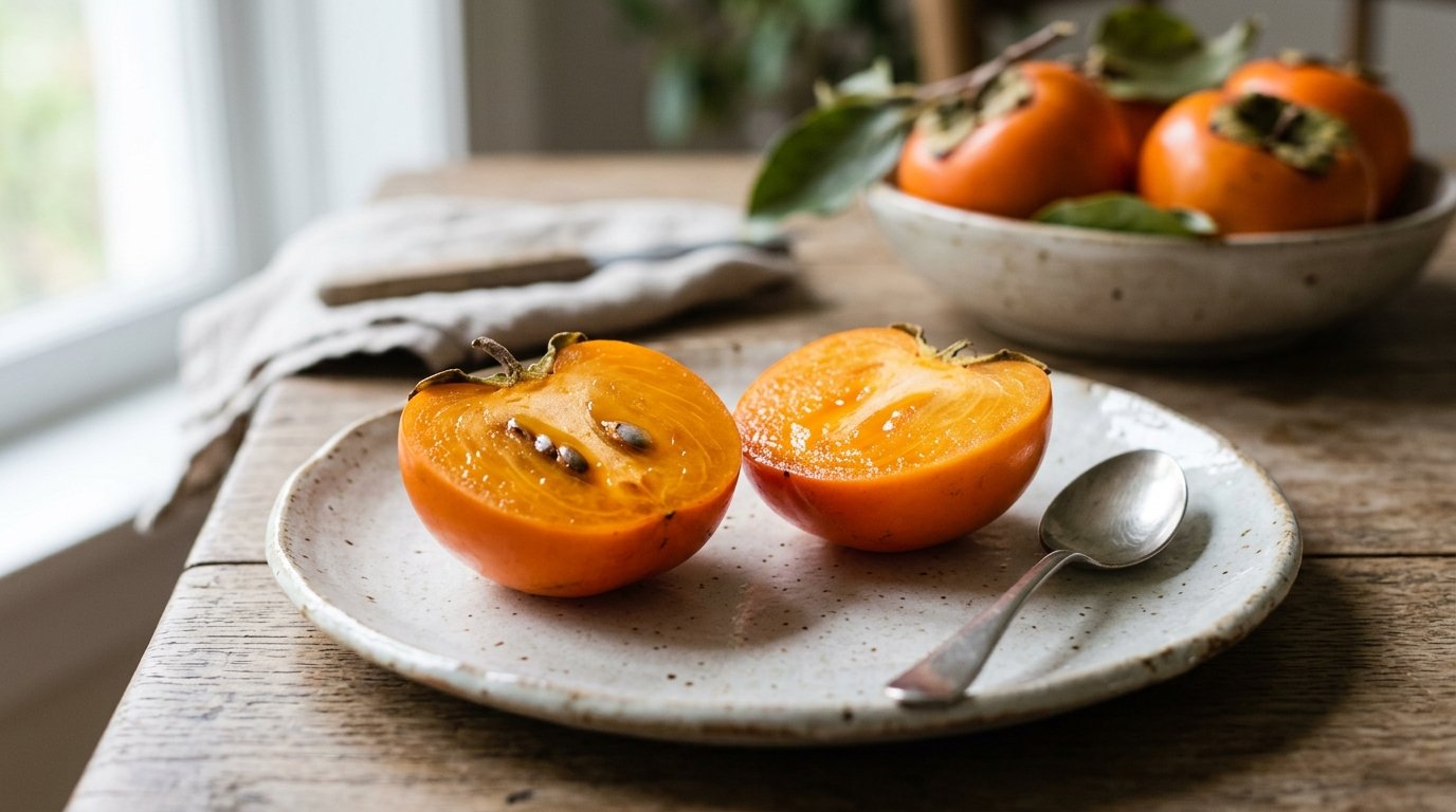 Wie isst man eine Kaki: aufgeschnittene orangefarbene Kaki-Frucht auf einem Teller