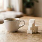 Wie viel Gramm hat ein Zuckerwürfel: Zuckerwürfel neben einer Kaffeetasse auf einem Tisch