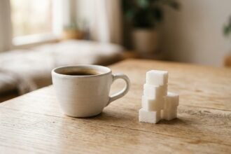 Wie viel Gramm hat ein Zuckerwürfel: Zuckerwürfel neben einer Kaffeetasse auf einem Tisch