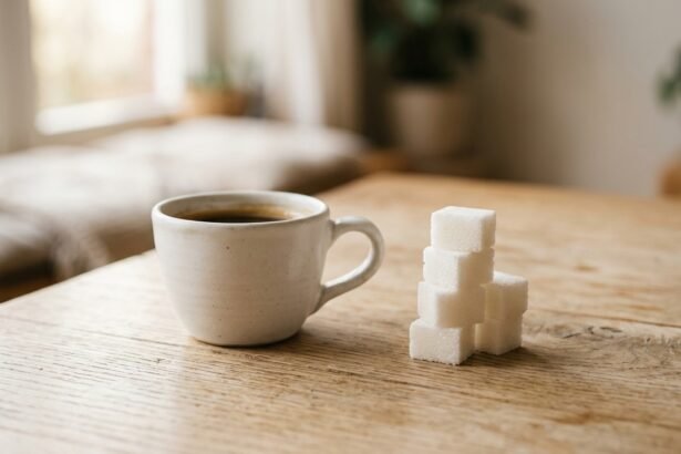 Wie viel Gramm hat ein Zuckerwürfel: Zuckerwürfel neben einer Kaffeetasse auf einem Tisch