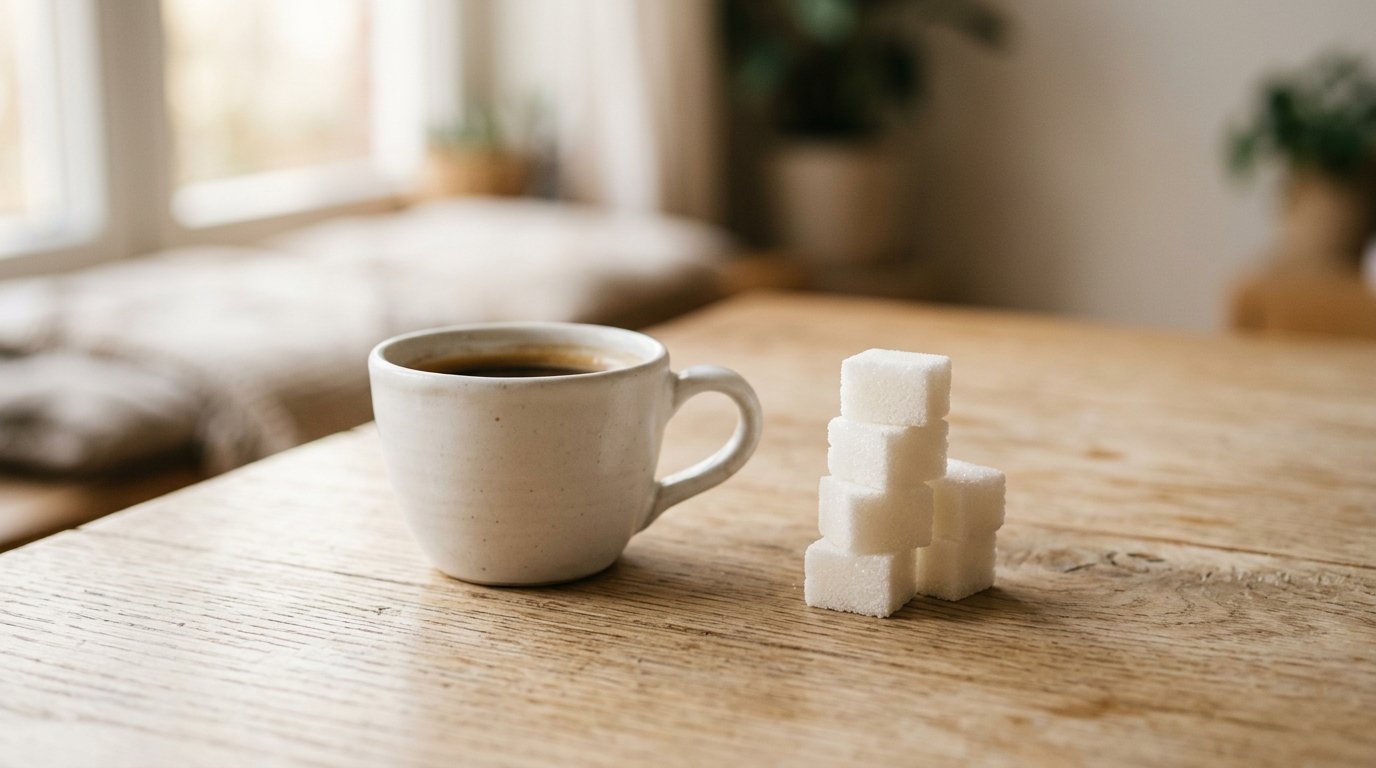 Wie viel Gramm hat ein Zuckerwürfel: Zuckerwürfel neben einer Kaffeetasse auf einem Tisch