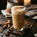Chai Latte selber machen: Glas mit Chai Latte und Milchschaum neben Zimtstangen und Kardamom