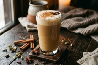 Chai Latte selber machen: Glas mit Chai Latte und Milchschaum neben Zimtstangen und Kardamom