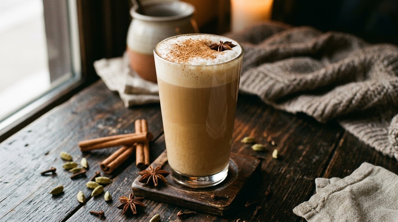 Chai Latte selber machen: Glas mit Chai Latte und Milchschaum neben Zimtstangen und Kardamom