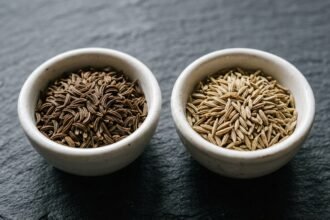 Kümmel und Kreuzkümmel: zwei Schälchen mit Kümmelsamen und Kreuzkümmelsamen nebeneinander