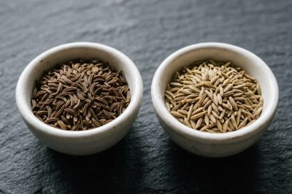 Kümmel und Kreuzkümmel: zwei Schälchen mit Kümmelsamen und Kreuzkümmelsamen nebeneinander