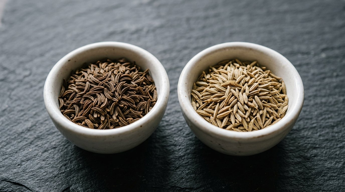 Kümmel und Kreuzkümmel: zwei Schälchen mit Kümmelsamen und Kreuzkümmelsamen nebeneinander