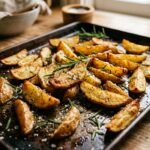 Wie lange Kartoffeln im Backofen: goldbraune Kartoffelspalten auf einem Backblech