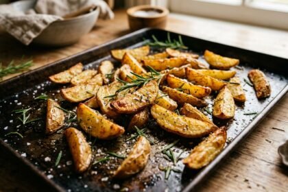 Wie lange Kartoffeln im Backofen: goldbraune Kartoffelspalten auf einem Backblech