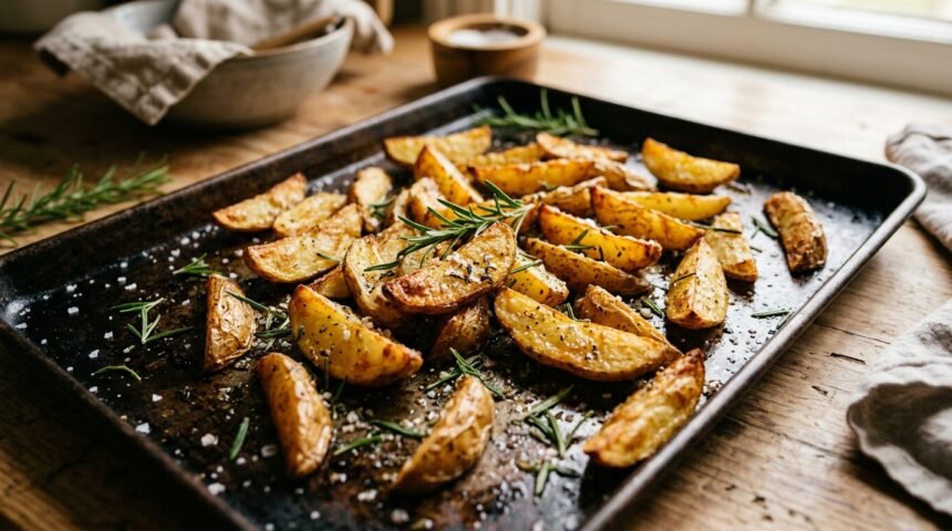 Wie lange Kartoffeln im Backofen: goldbraune Kartoffelspalten auf einem Backblech