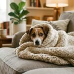 Warum zittert mein Hund: kleiner Hund in eine Decke gewickelt auf dem Sofa
