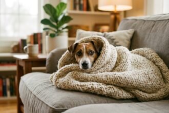 Warum zittert mein Hund: kleiner Hund in eine Decke gewickelt auf dem Sofa
