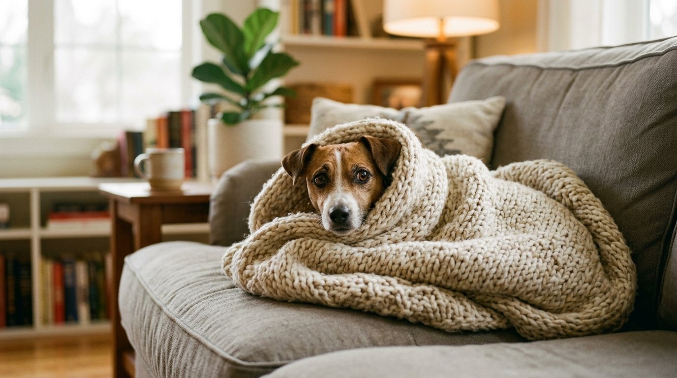 Warum zittert mein Hund: kleiner Hund in eine Decke gewickelt auf dem Sofa