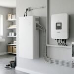 Stromspeicher 20 kWh Preis: Batteriespeicher an einer Hauswand neben dem Wechselrichter