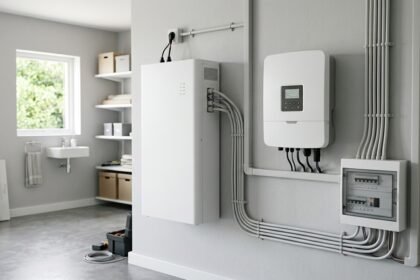 Stromspeicher 20 kWh Preis: Batteriespeicher an einer Hauswand neben dem Wechselrichter