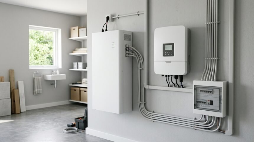 Stromspeicher 20 kWh Preis: Batteriespeicher an einer Hauswand neben dem Wechselrichter