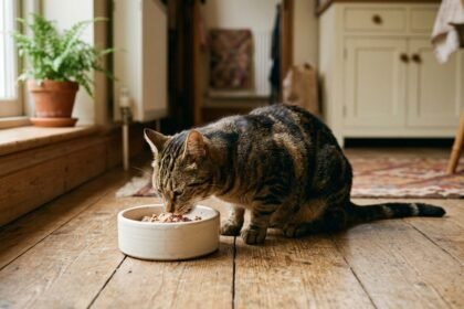 Katzenfutter ohne Zucker und Getreide: Katze frisst aus einem Napf mit Nassfutter
