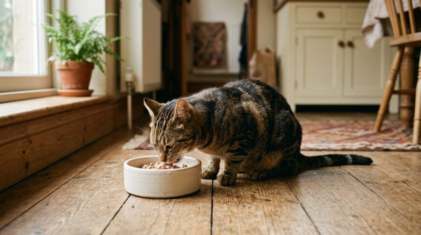 Katzenfutter ohne Zucker und Getreide: Katze frisst aus einem Napf mit Nassfutter