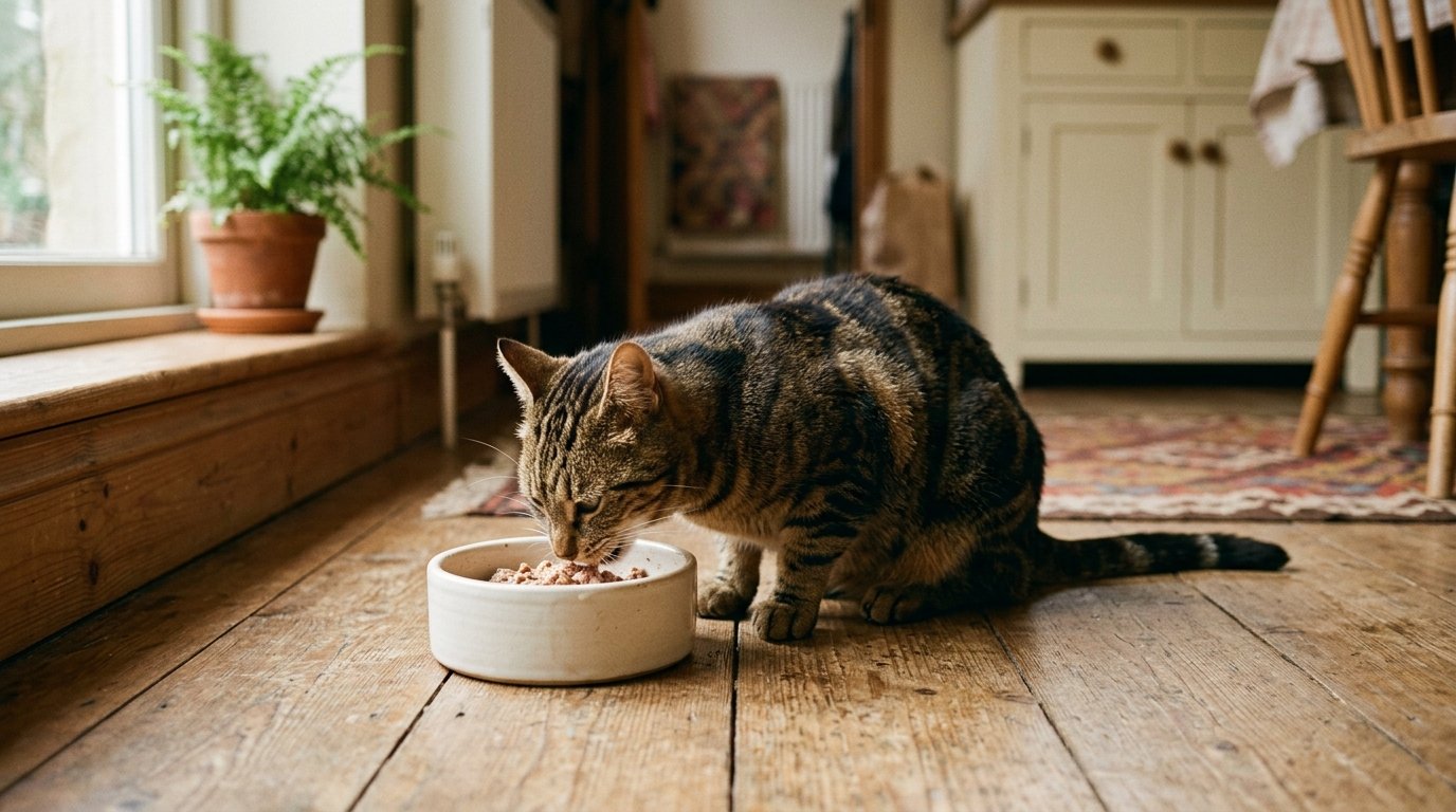 Katzenfutter ohne Zucker und Getreide: Katze frisst aus einem Napf mit Nassfutter