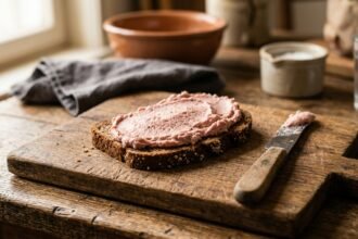 Warum heißt Teewurst Teewurst: aufgeschnittene Teewurst auf einem Holzbrett mit Brot
