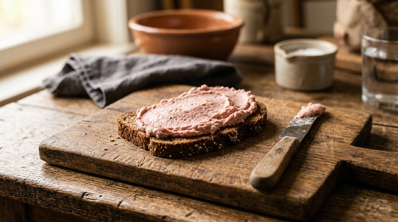 Warum heißt Teewurst Teewurst: aufgeschnittene Teewurst auf einem Holzbrett mit Brot