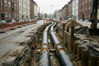 Wie funktioniert Fernwärme: Fernwärmeleitungen auf einer Baustelle mit Dämmung