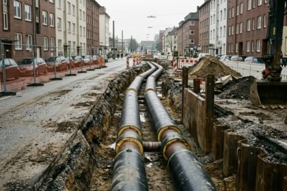Wie funktioniert Fernwärme: Fernwärmeleitungen auf einer Baustelle mit Dämmung