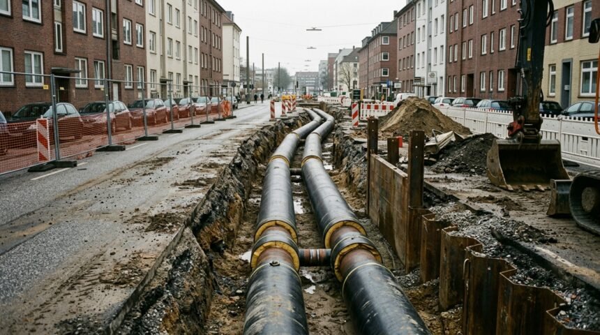 Wie funktioniert Fernwärme: Fernwärmeleitungen auf einer Baustelle mit Dämmung