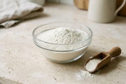 Wie wird Proteinpulver hergestellt: weißes Proteinpulver in einer Schale neben einem Messlöffel