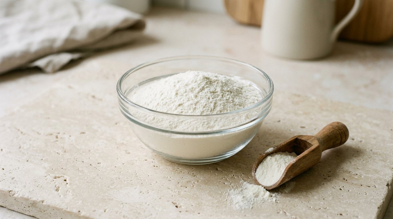 Wie wird Proteinpulver hergestellt: weißes Proteinpulver in einer Schale neben einem Messlöffel