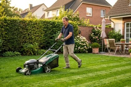 Wie lange darf man Rasen mähen: Rasenmäher auf einer gepflegten Rasenfläche am Nachmittag