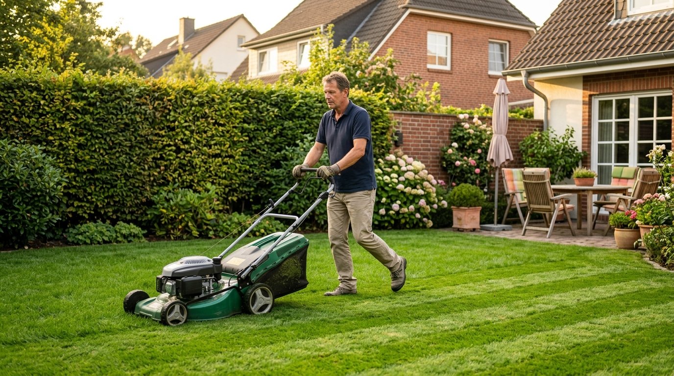 Wie lange darf man Rasen mähen: Rasenmäher auf einer gepflegten Rasenfläche am Nachmittag