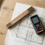 Quadratmeter berechnen: Zollstock und Grundriss auf einem Tisch