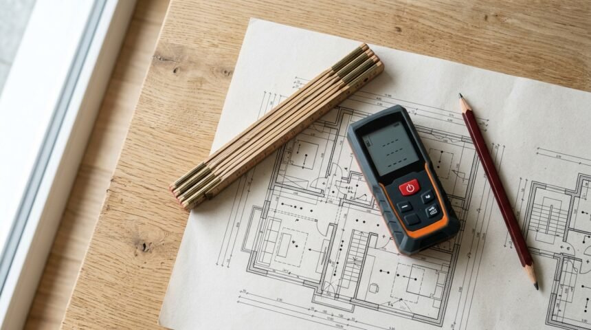Quadratmeter berechnen: Zollstock und Grundriss auf einem Tisch