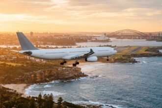 Wie lange fliegt man nach Australien: Flugzeug über der Küste von Sydney bei Sonnenaufgang